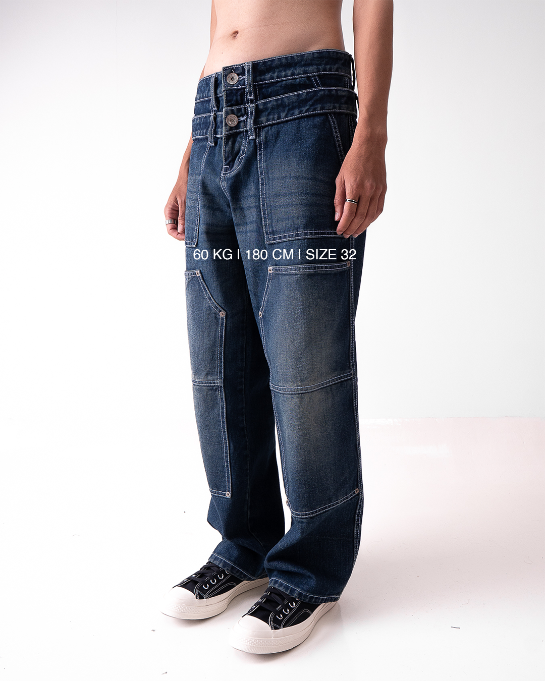 Double Knee Washed Denim Vintage Blue