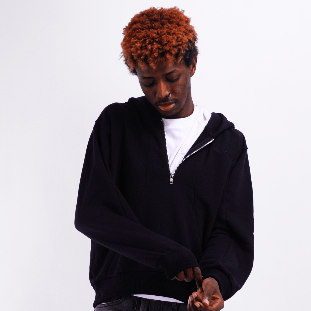 Boxy Half Zip Hoodie - Black