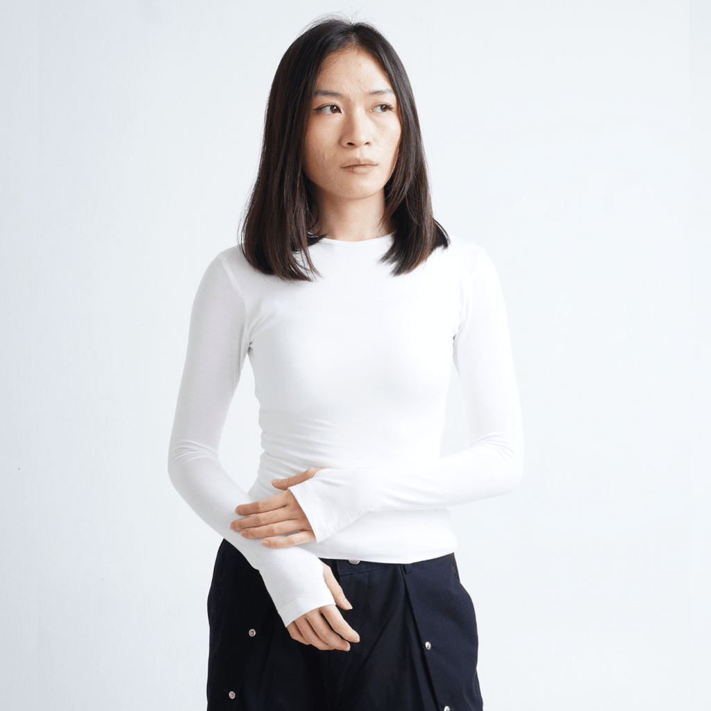Double Layered Tencel Fitted Top Longlseeve - White