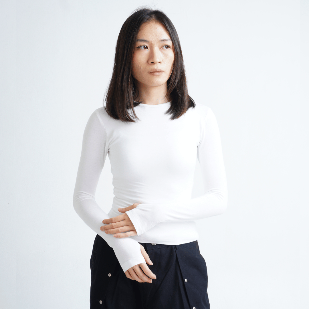 Double Layered Tencel Fitted Top Longlseeve - White