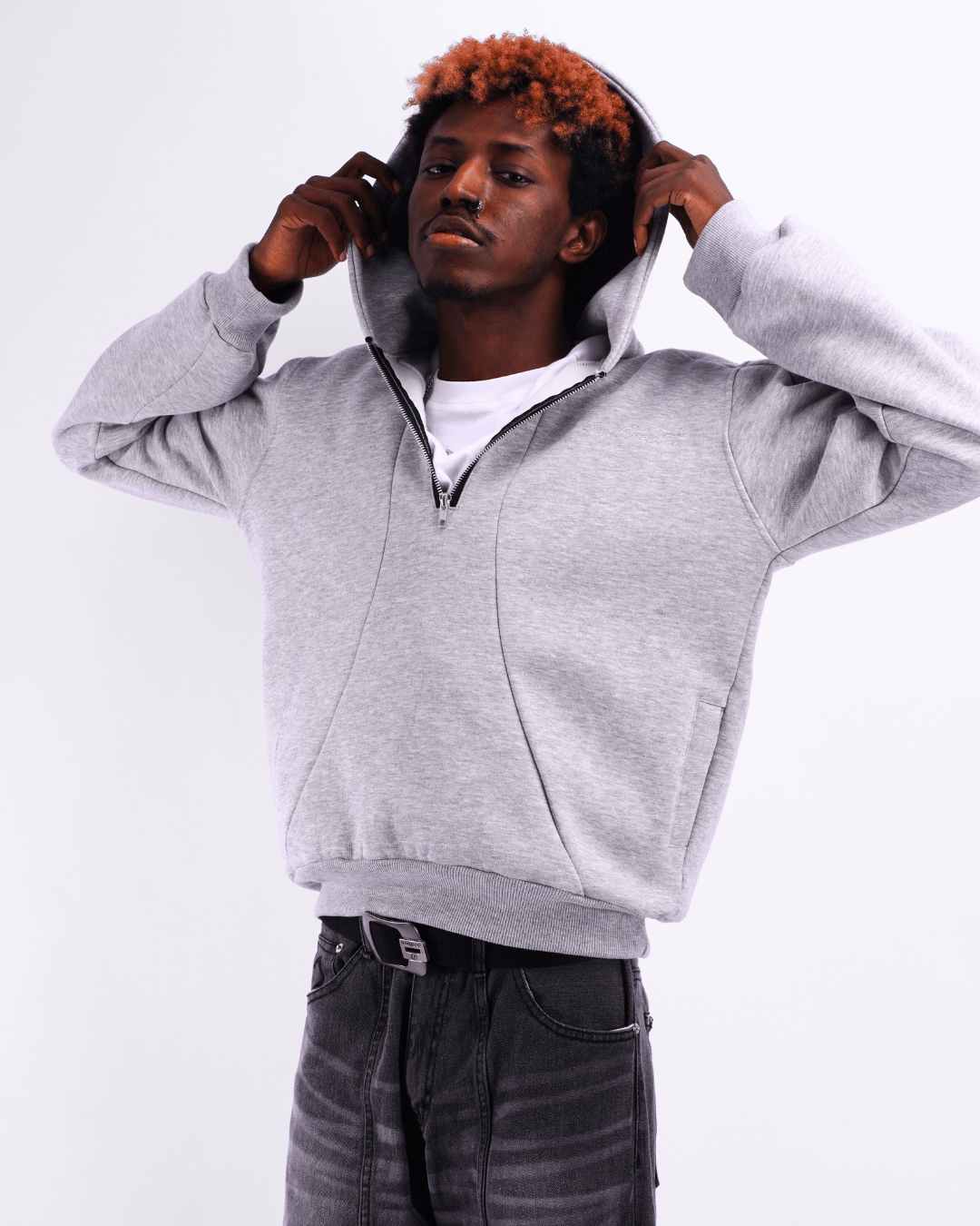 Boxy Half Zip Hoodie - Light Grey
