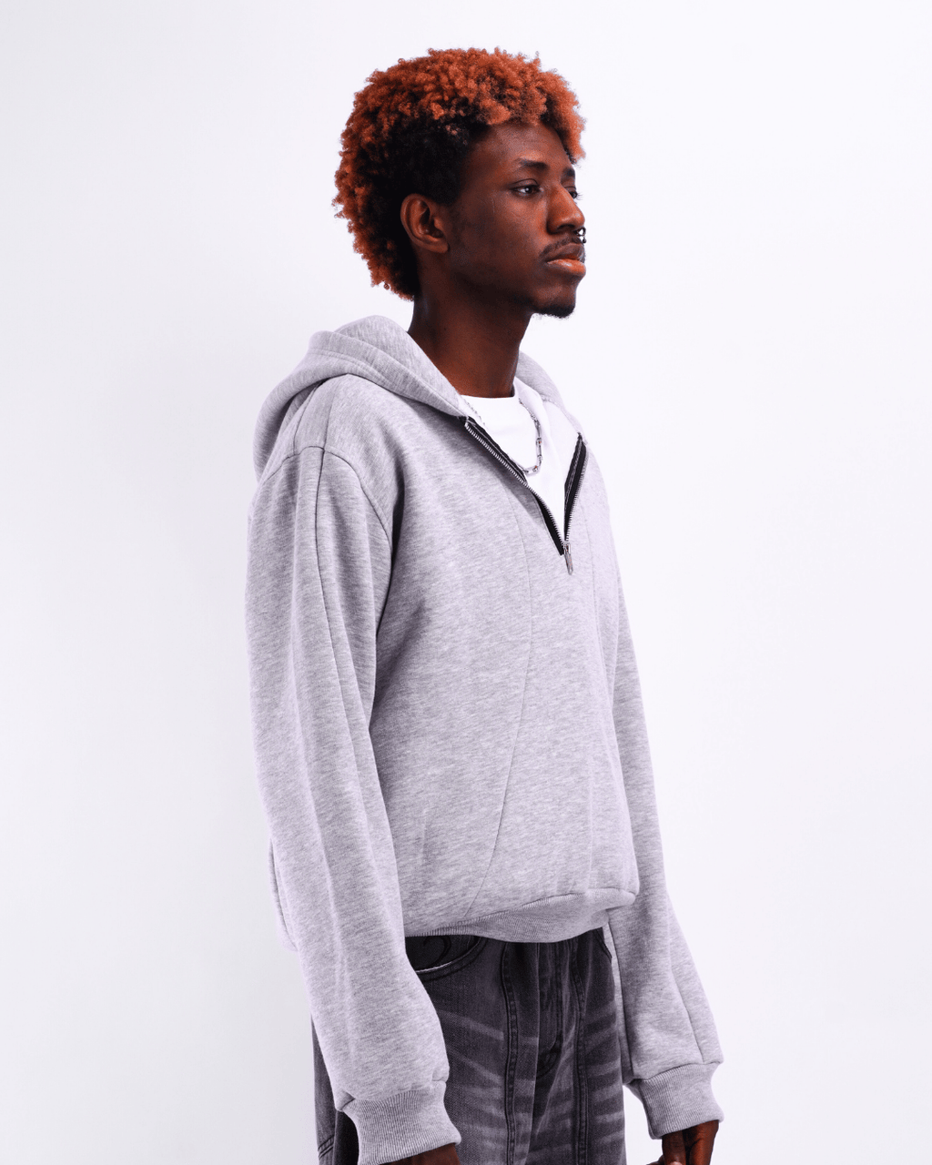 Boxy Half Zip Hoodie - Light Grey