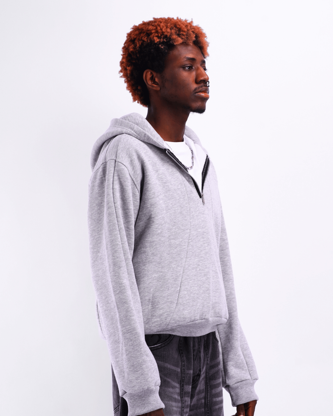 Boxy Half Zip Hoodie - Light Grey