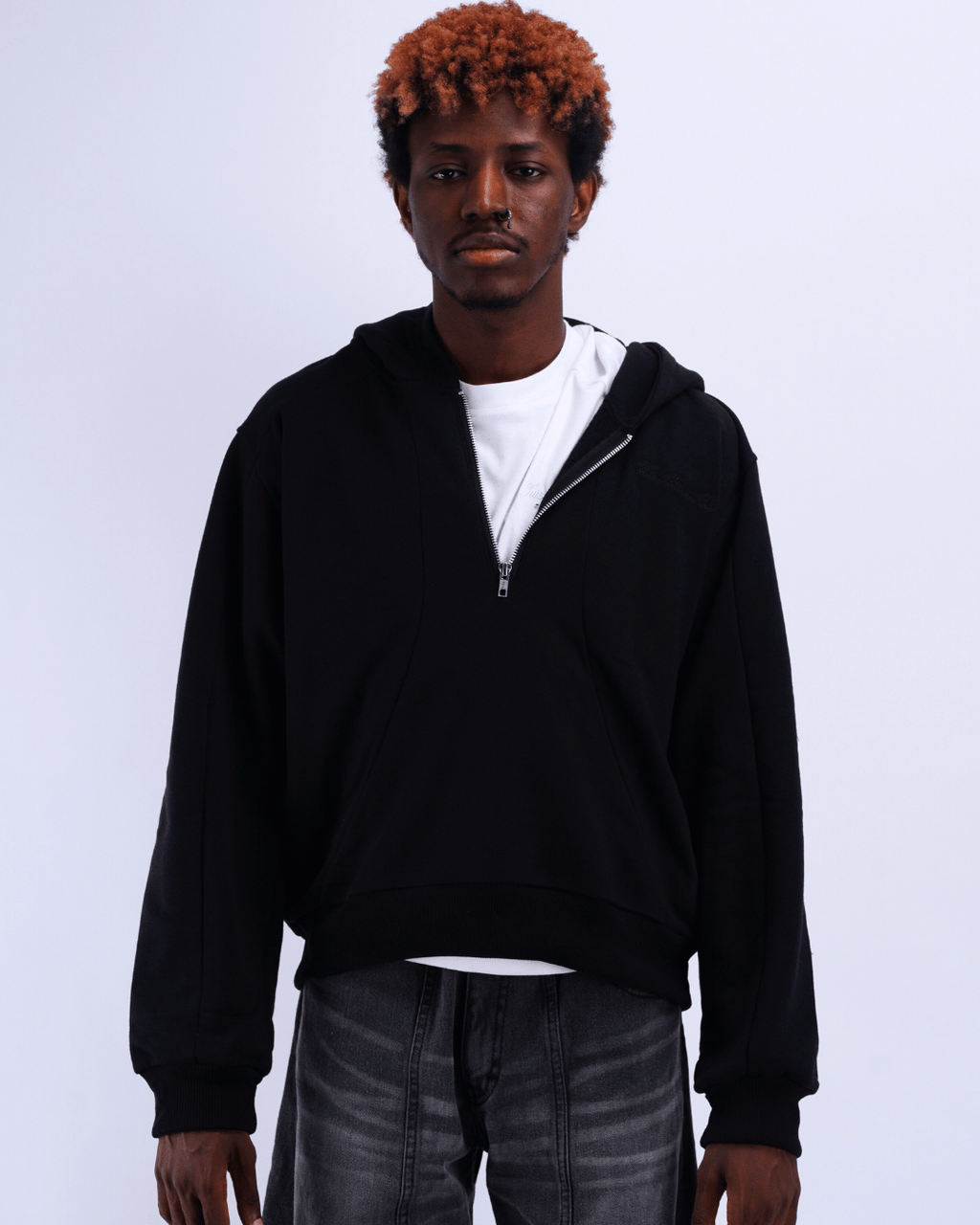 Boxy Half Zip Hoodie - Black