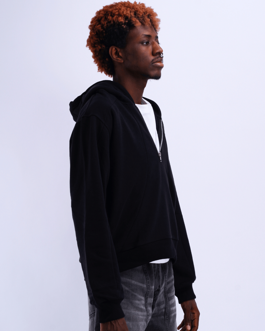 Boxy Half Zip Hoodie - Black