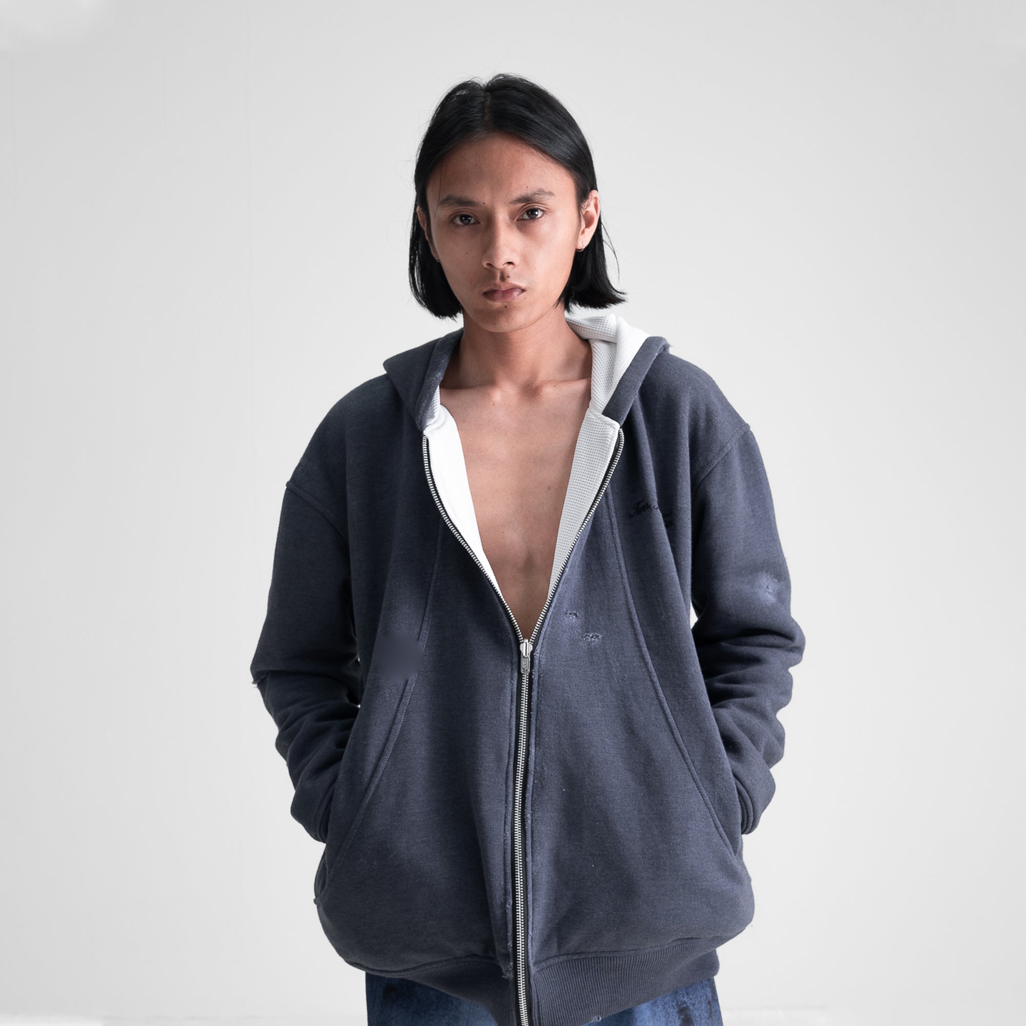 Oversized Waffle Lined Washed Hoodie - Washed Grey