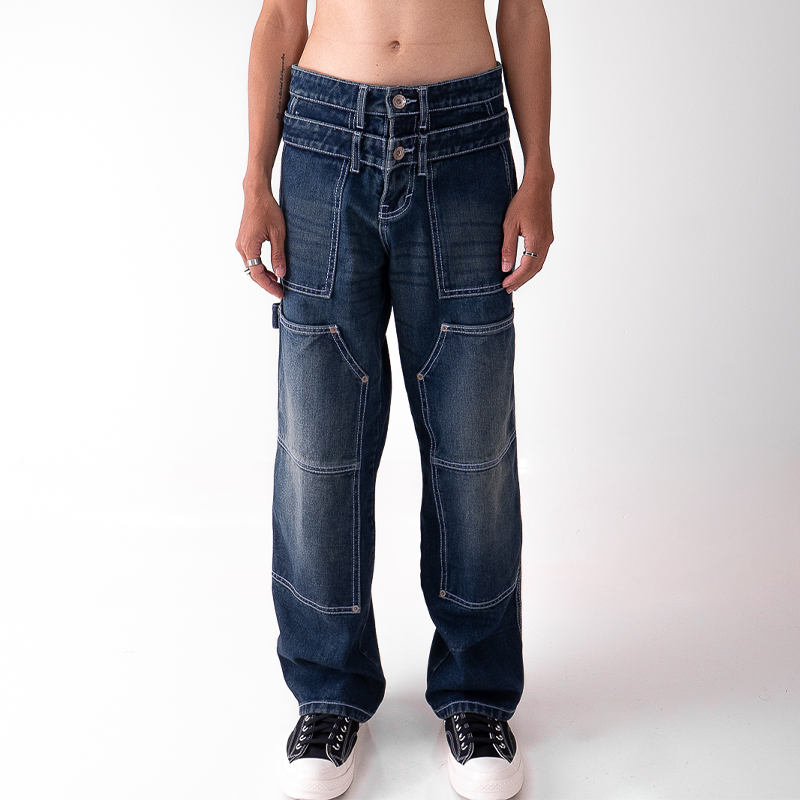 Double Knee Washed Denim Vintage Blue