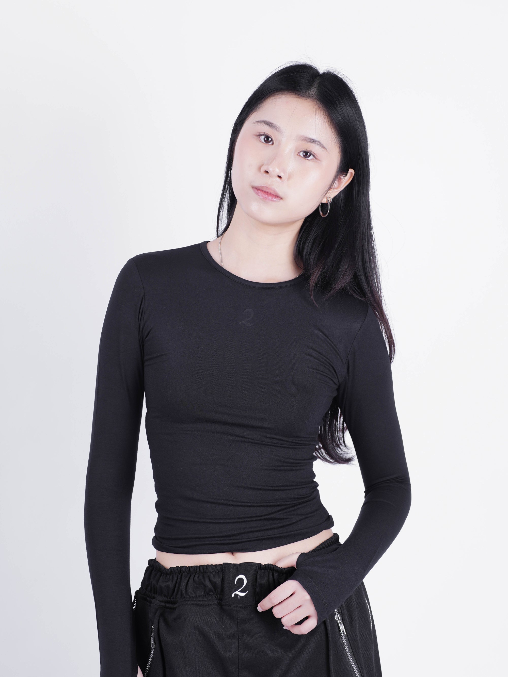 Double Layered Tencel Fitted Top Longsleeve - Jet Black