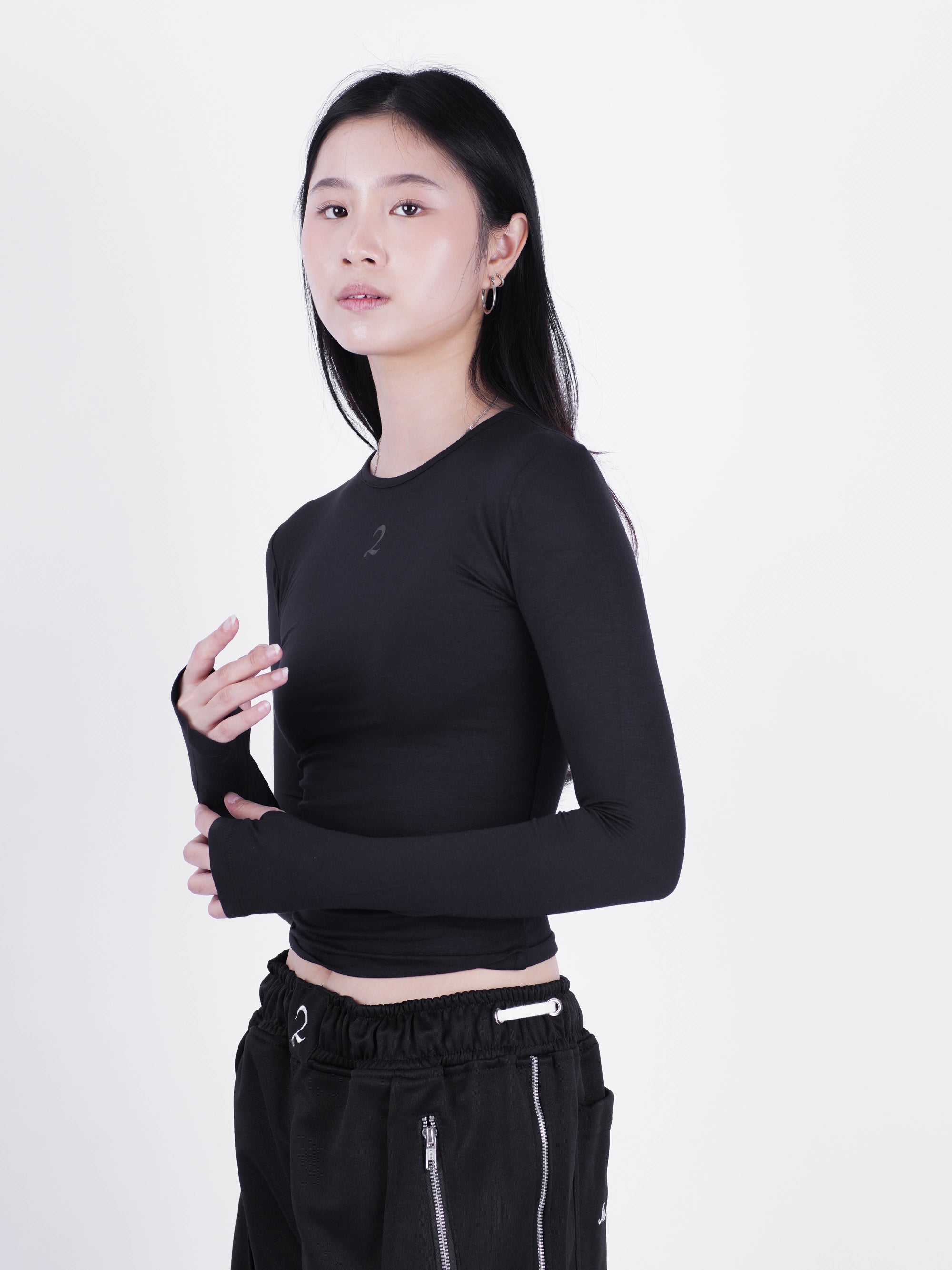 Double Layered Tencel Fitted Top Longsleeve - Jet Black