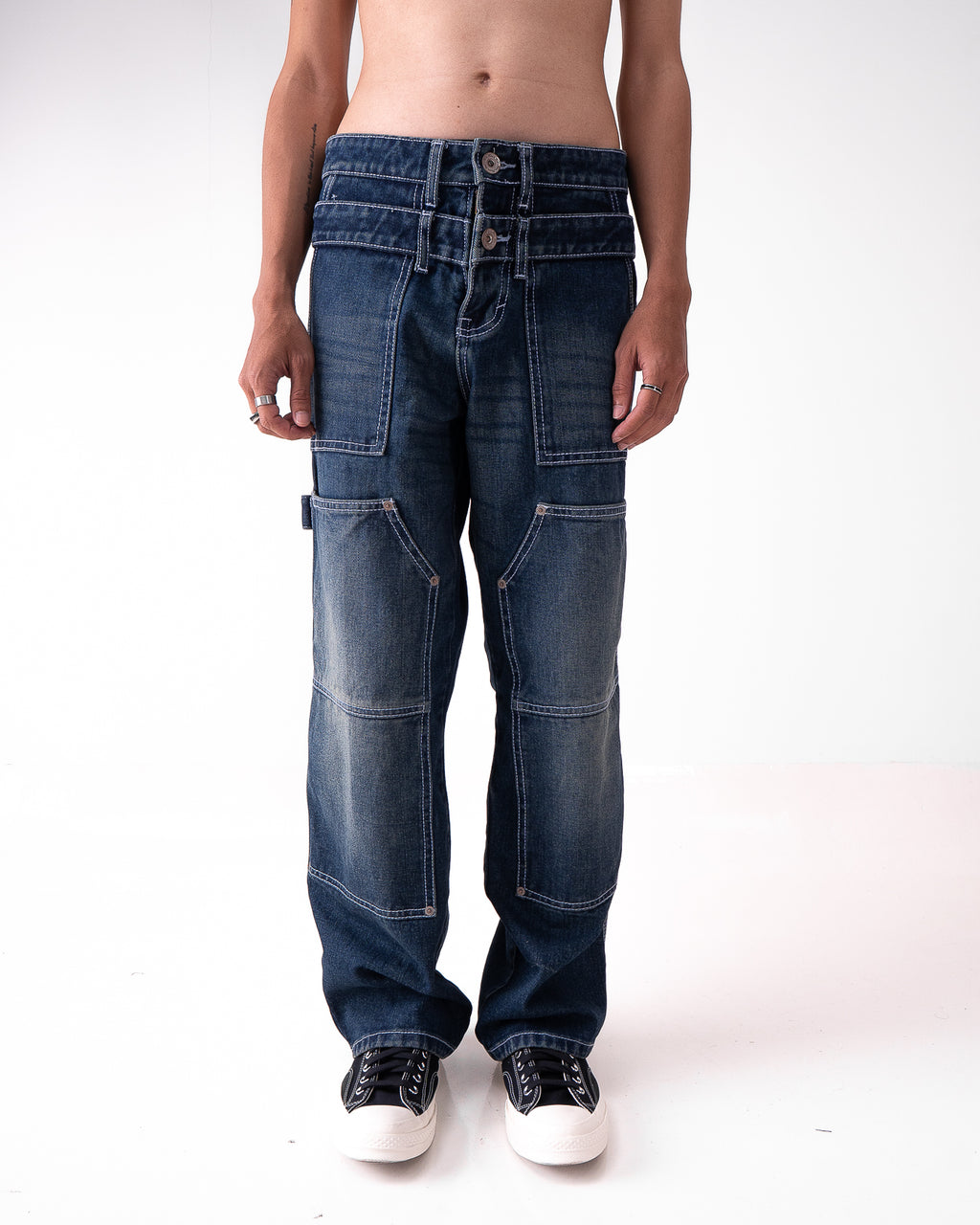 Double Knee Washed Denim Vintage Blue