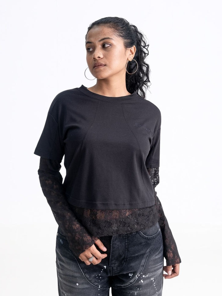 Double Layered Lace Tee -  Black