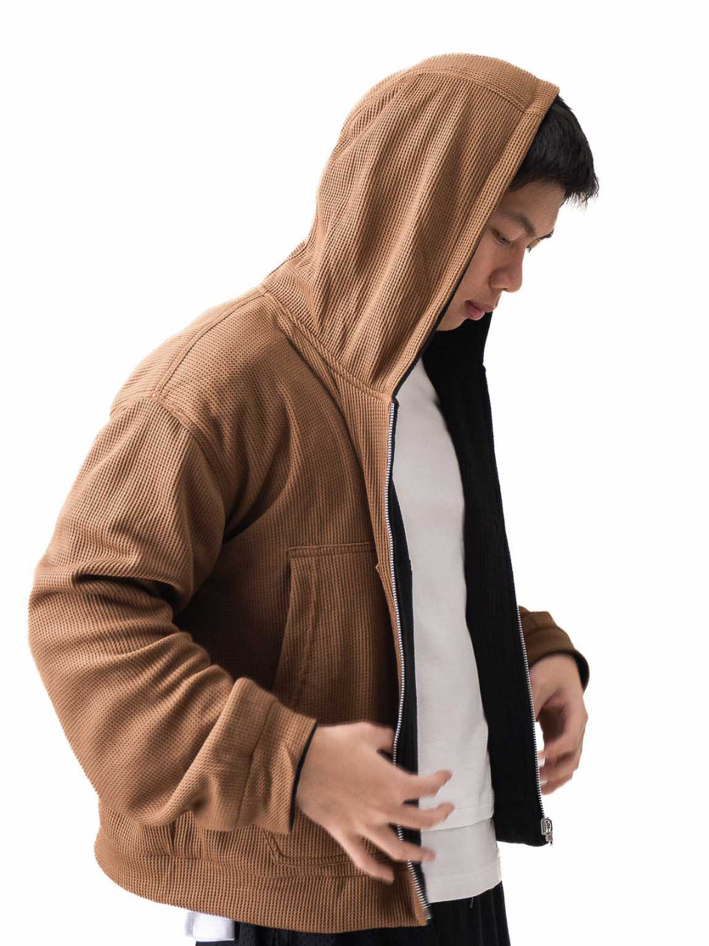Reversible Waffle Hoodie - Black/Brown