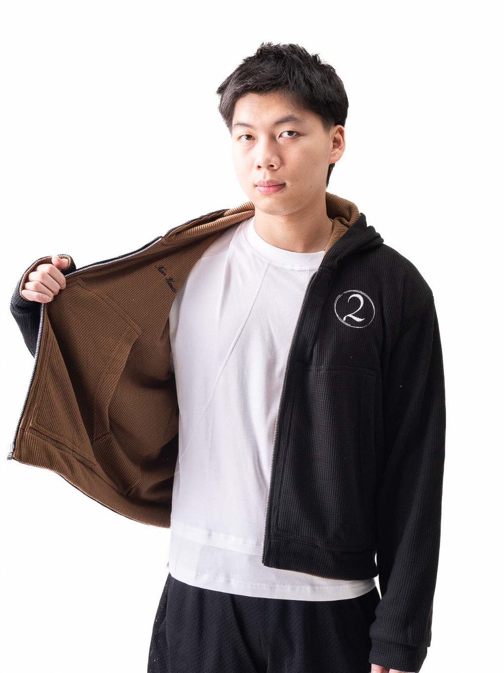 Reversible Waffle Hoodie - Black/Brown
