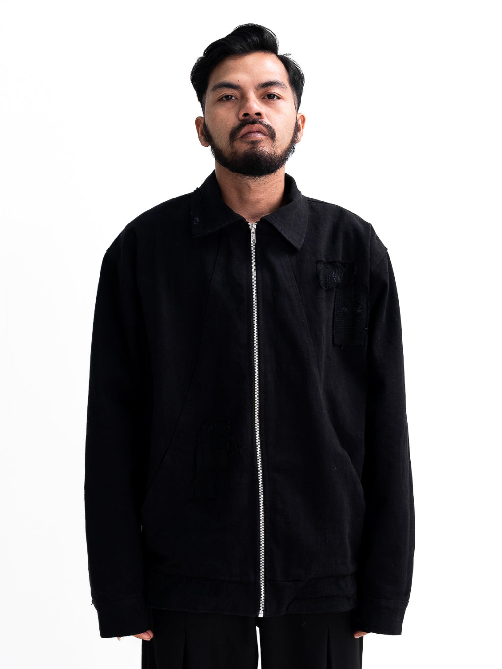 Patchwork Washed Twill Workjacket-Vintage Black