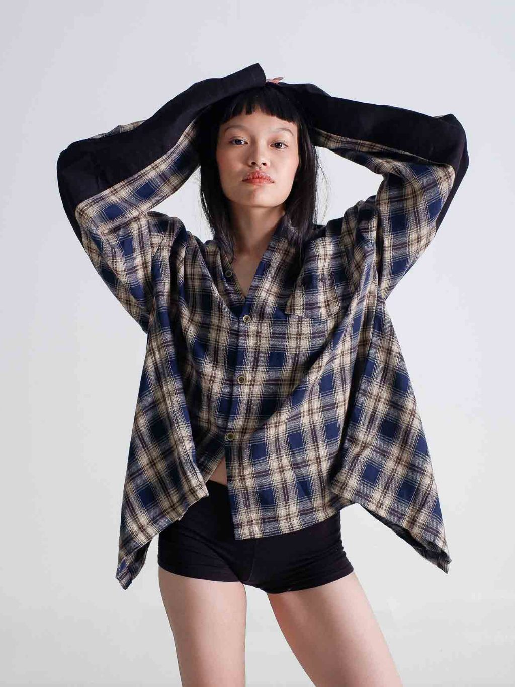 Two Tone Zipper Flannel Shirt - Navy/Cream