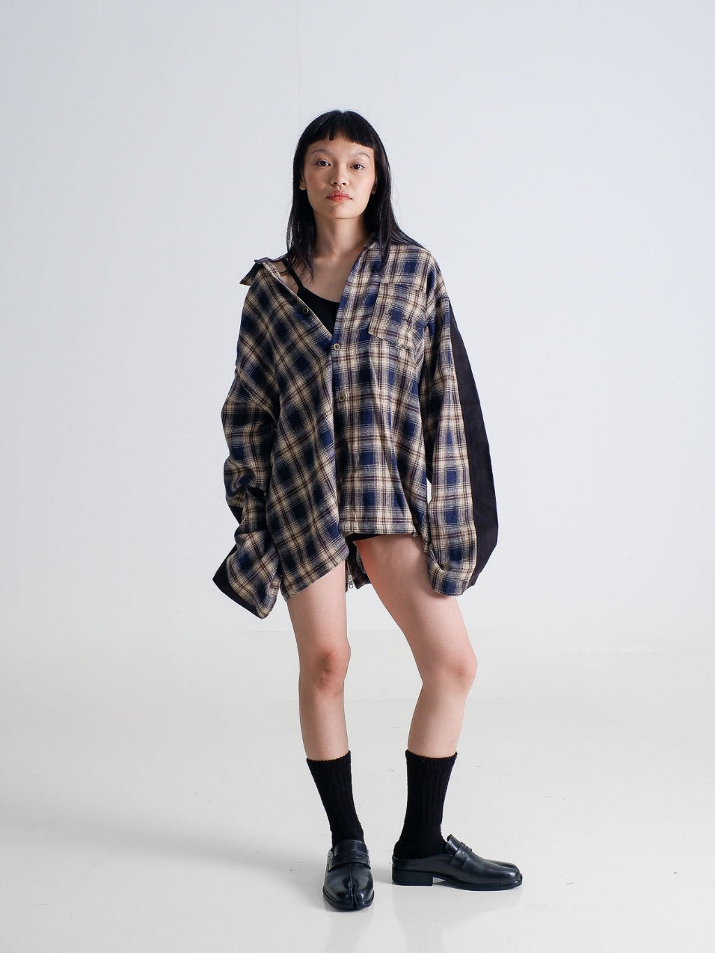 Two Tone Zipper Flannel Shirt - Navy/Cream