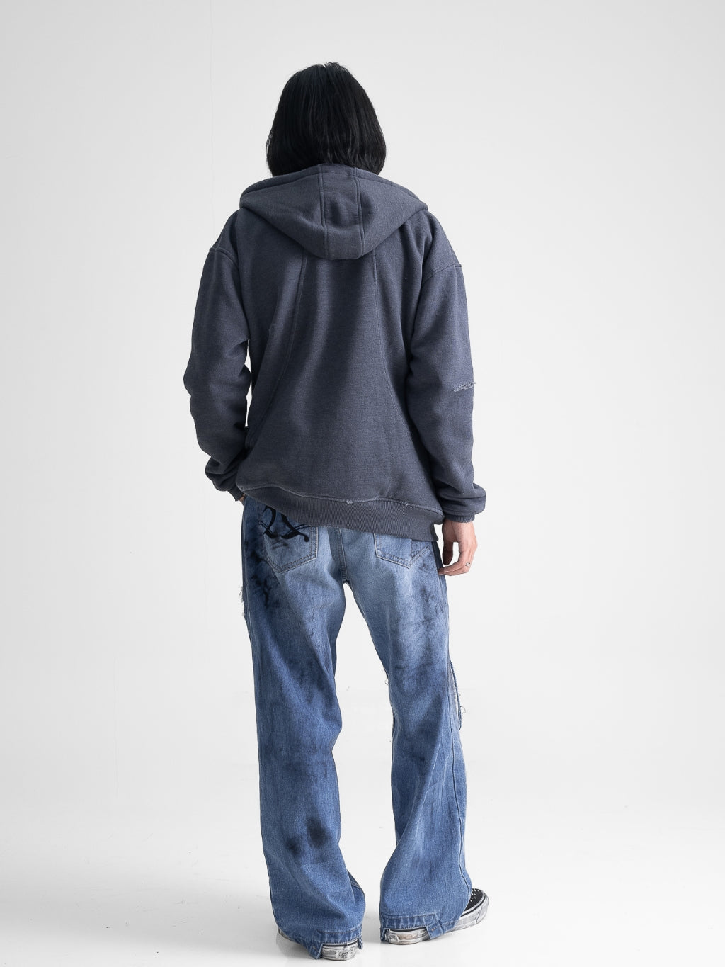 Oversized Waffle Lined Washed Hoodie - Washed Grey