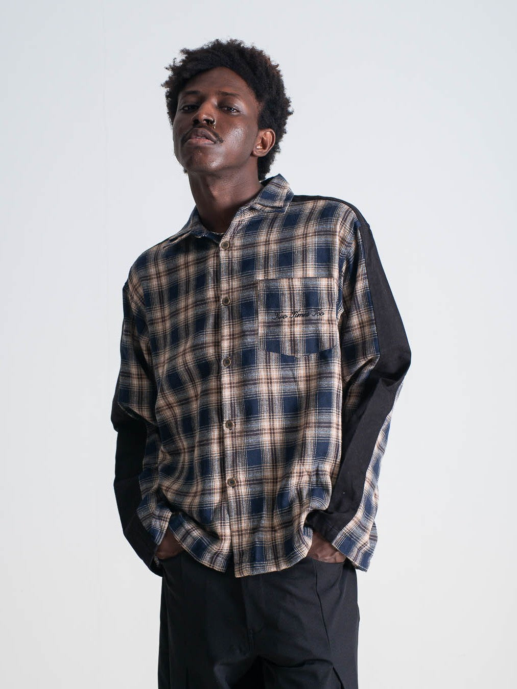 Two Tone Zipper Flannel Shirt - Navy/Cream