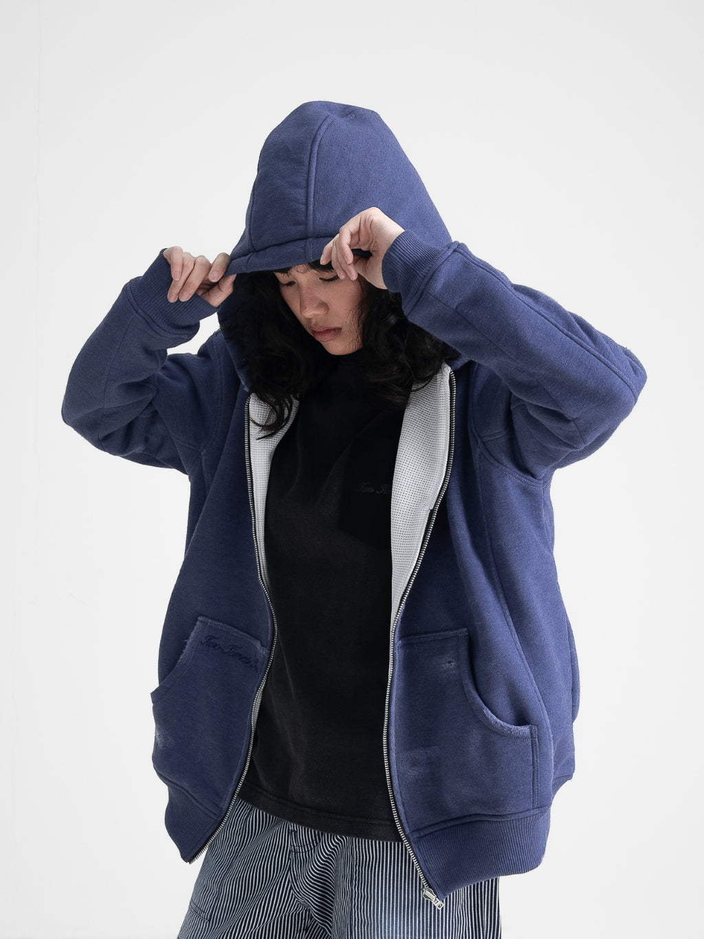 Oversized Waffle Lined Washed Hoodie - Washed Blue