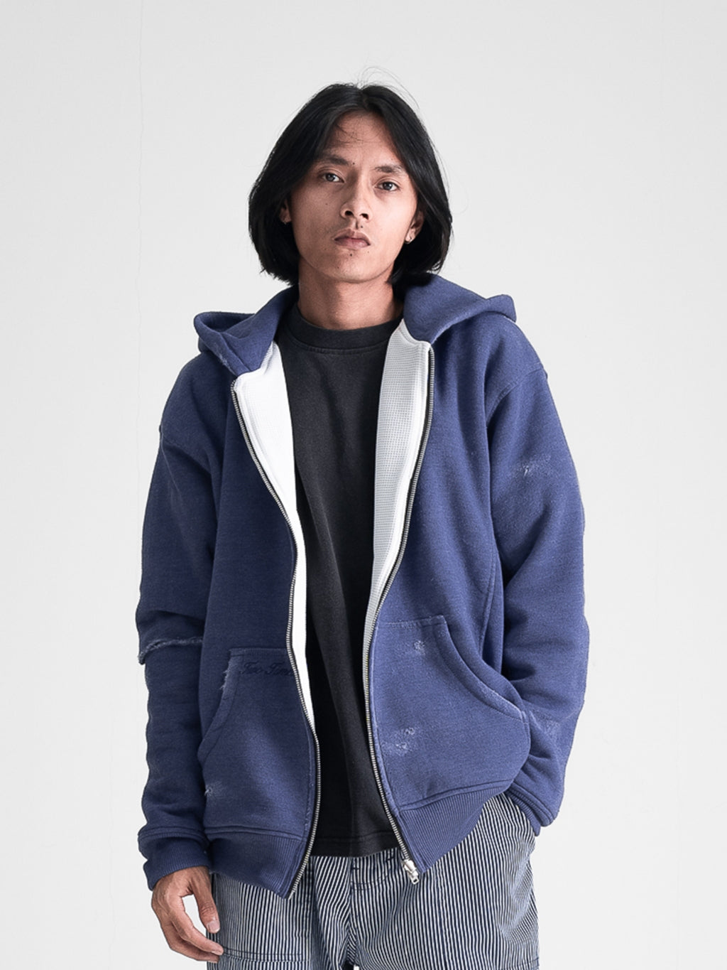 Oversized Waffle Lined Washed Hoodie - Washed Blue