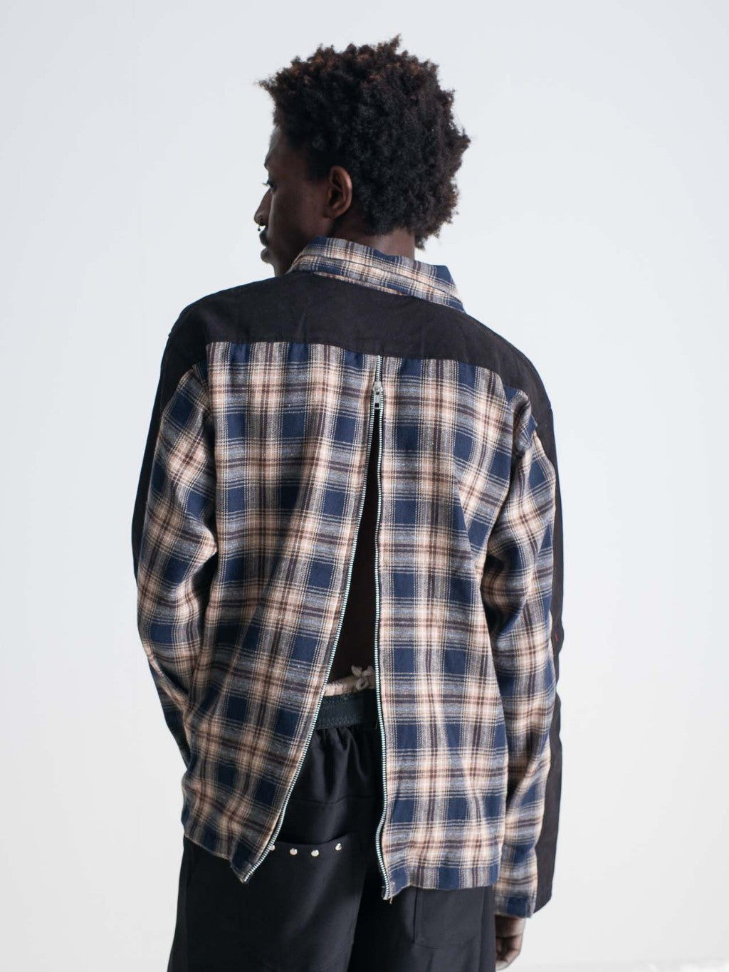 Two Tone Zipper Flannel Shirt - Navy/Cream