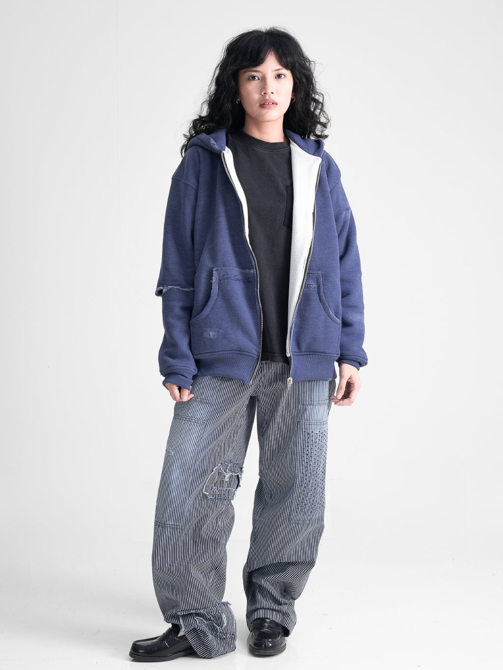 Oversized Waffle Lined Washed Hoodie - Washed Blue
