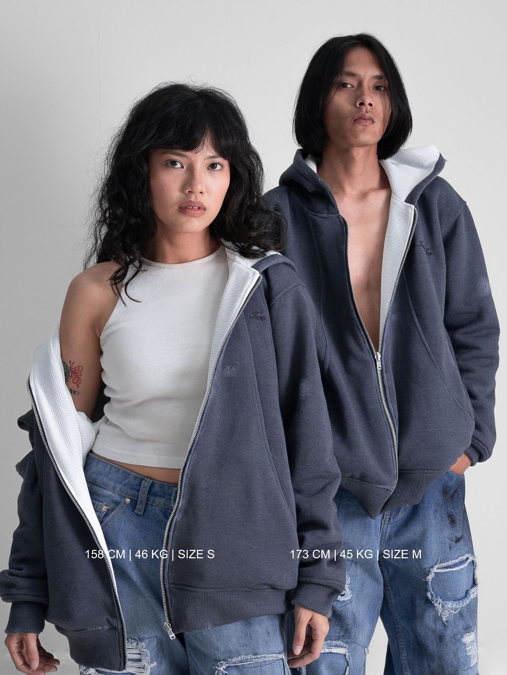 Oversized Waffle Lined Washed Hoodie - Washed Grey