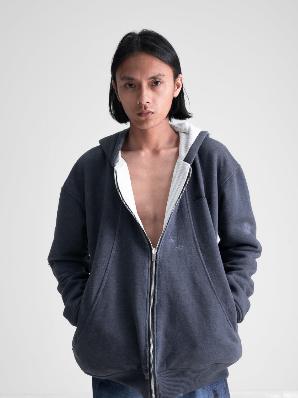 Oversized Waffle Lined Washed Hoodie - Washed Grey