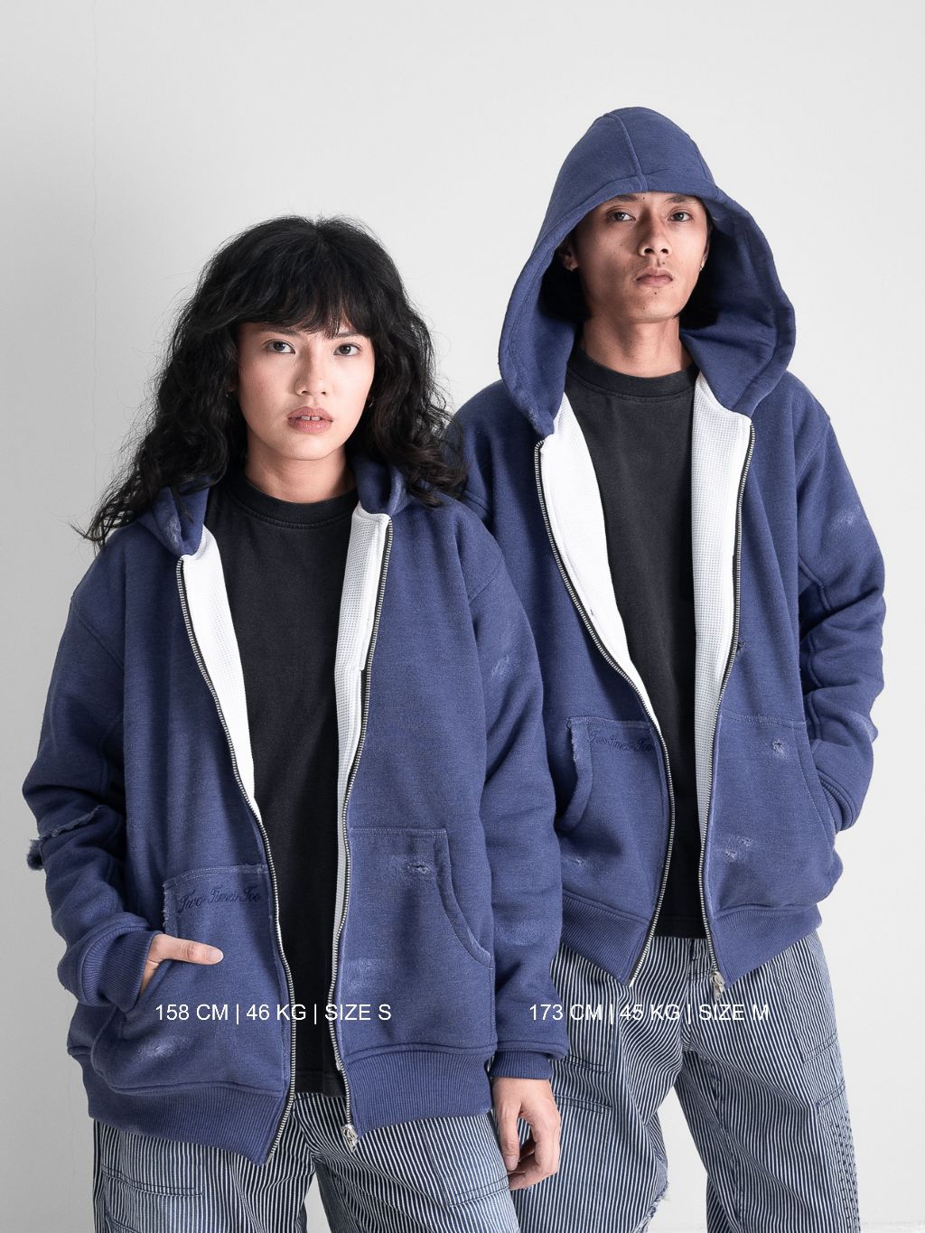 Oversized Waffle Lined Washed Hoodie - Washed Blue