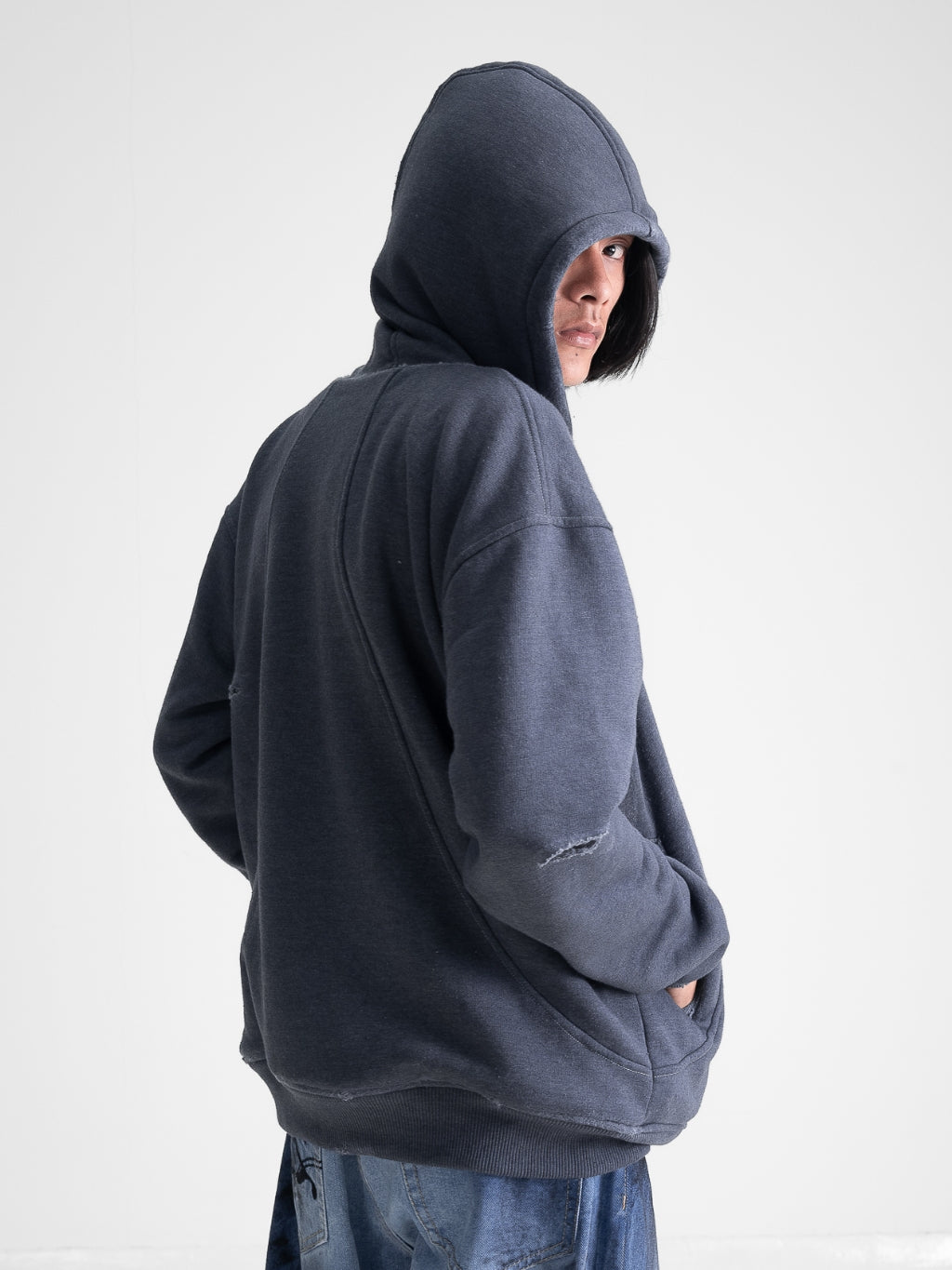 Oversized Waffle Lined Washed Hoodie - Washed Grey