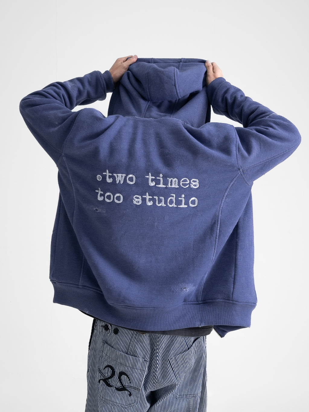 Oversized Waffle Lined Washed Hoodie - Washed Blue