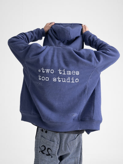 Oversized Waffle Lined Washed Hoodie - Washed Blue